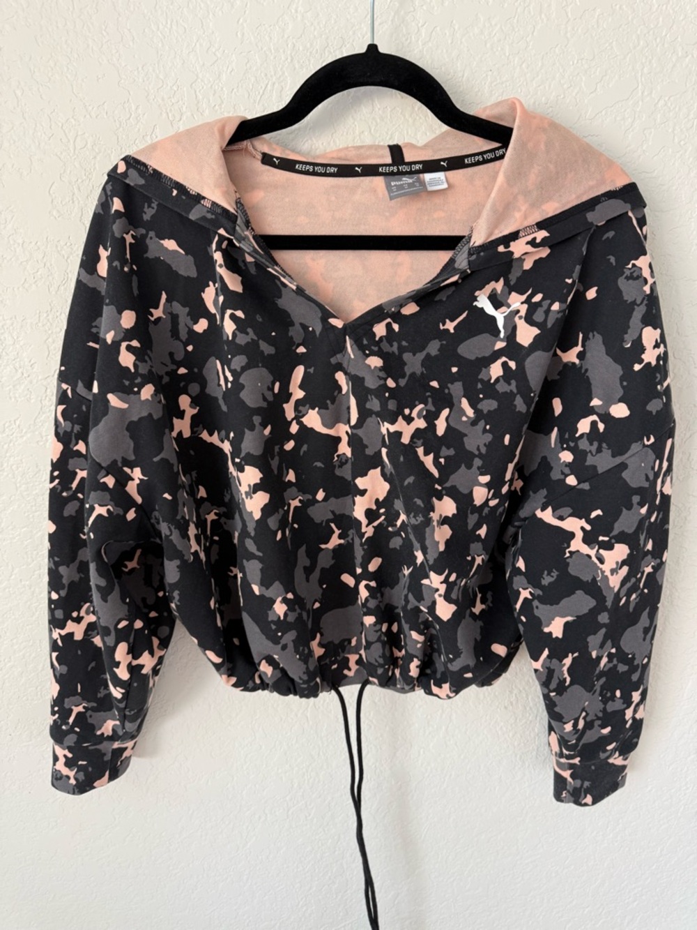 Puma Black and Blush Camo V‑Neck Hoodie